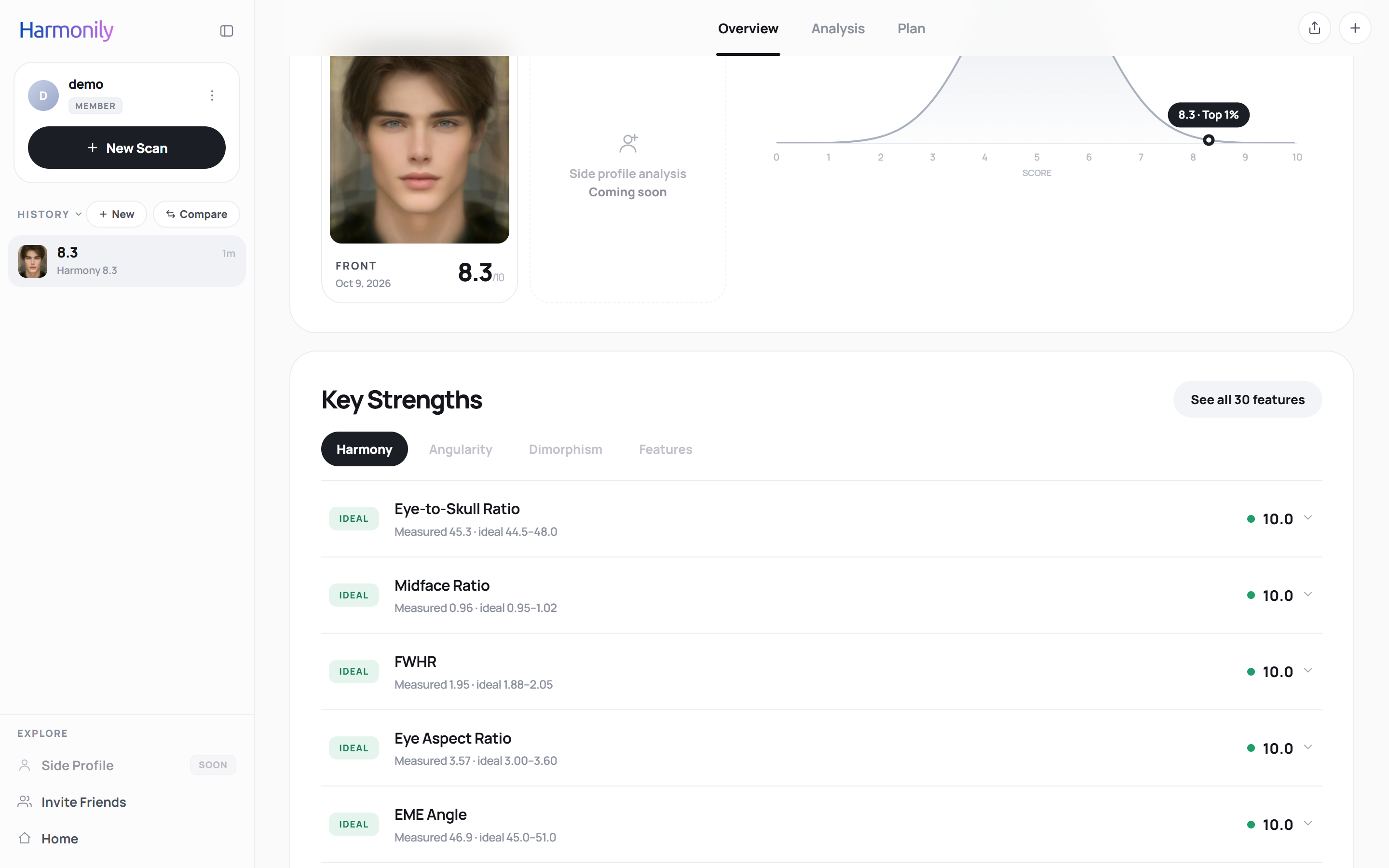 Key strengths list with measured ratios and ideal ranges
